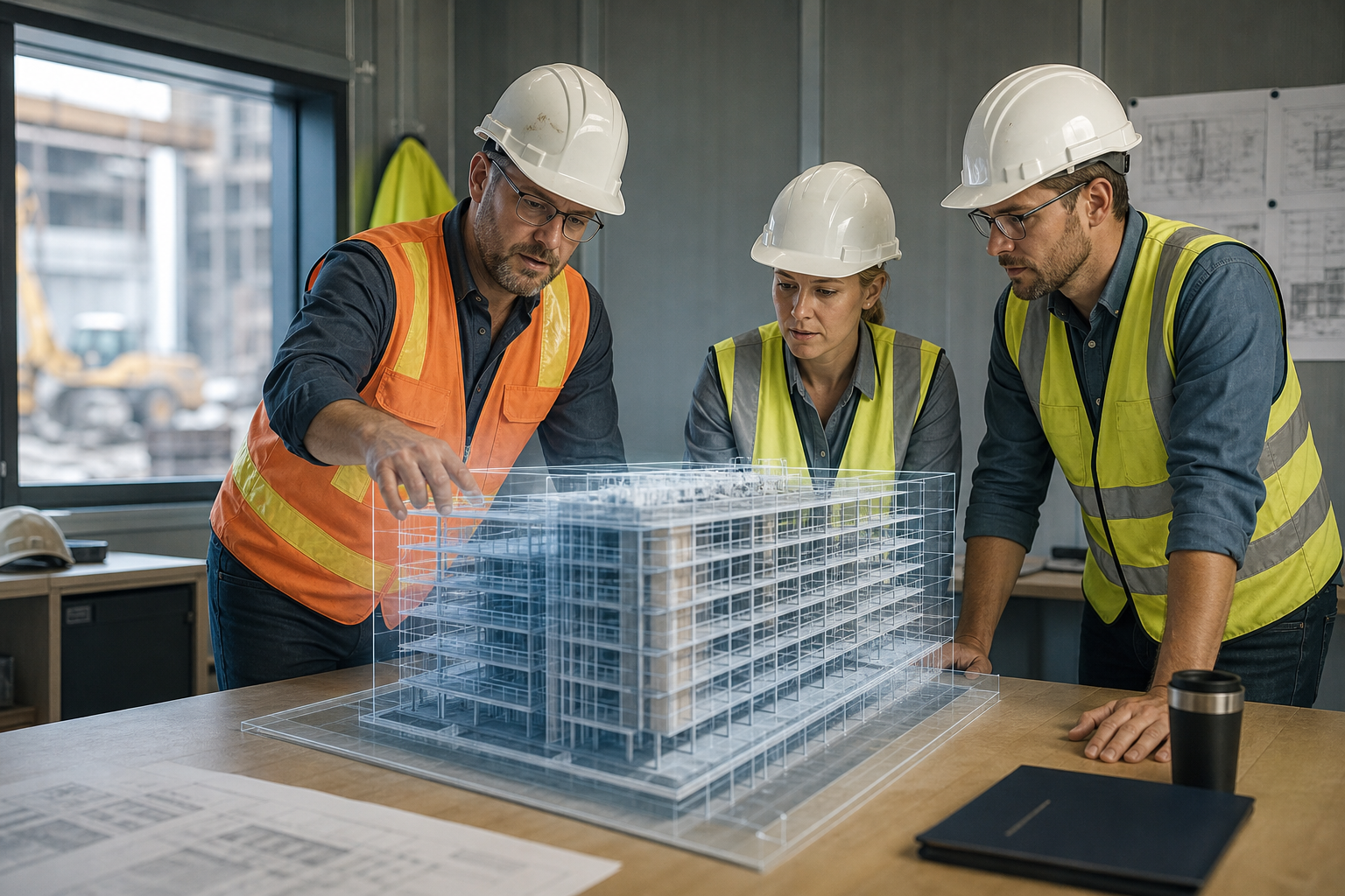 Profesionales de construcción utilizando gemelos digitales y Autodesk Construction Cloud para coordinar proyectos.