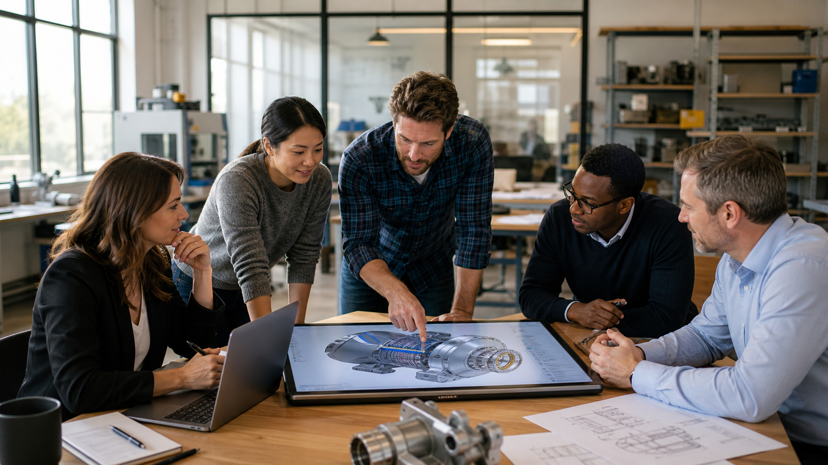 Profesionales de manufactura colaborando en diseño digital y gestión de proyectos mediante plataformas integradas.Profesionales de manufactura colaborando en diseño digital y gestión de proyectos mediante plataformas integradas.